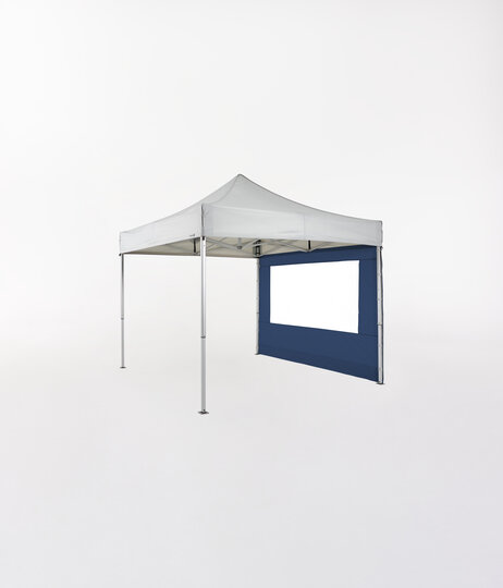 Light grey folding gazebo 3x3 m with dark blue side wall with window.