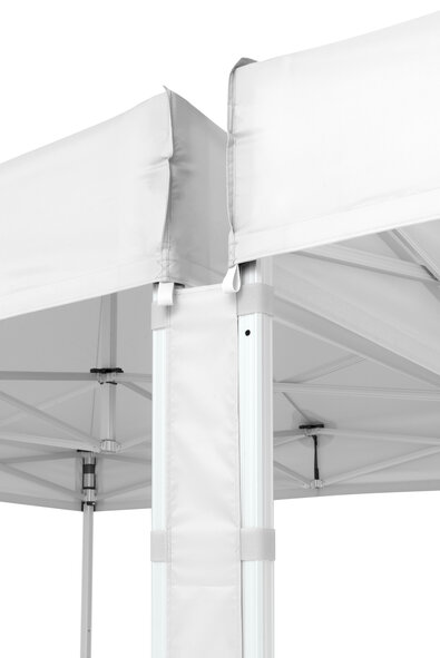 The light grey central connecting element closes the space between two light grey folding gazebos.